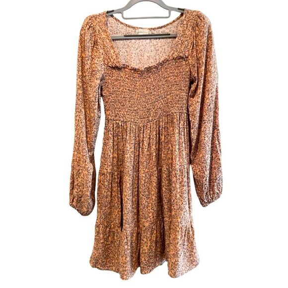 Altar’d State Boho Floral Smocked Long Sleeve Dress Peach Orange Size Medium - Picture 1 of 9